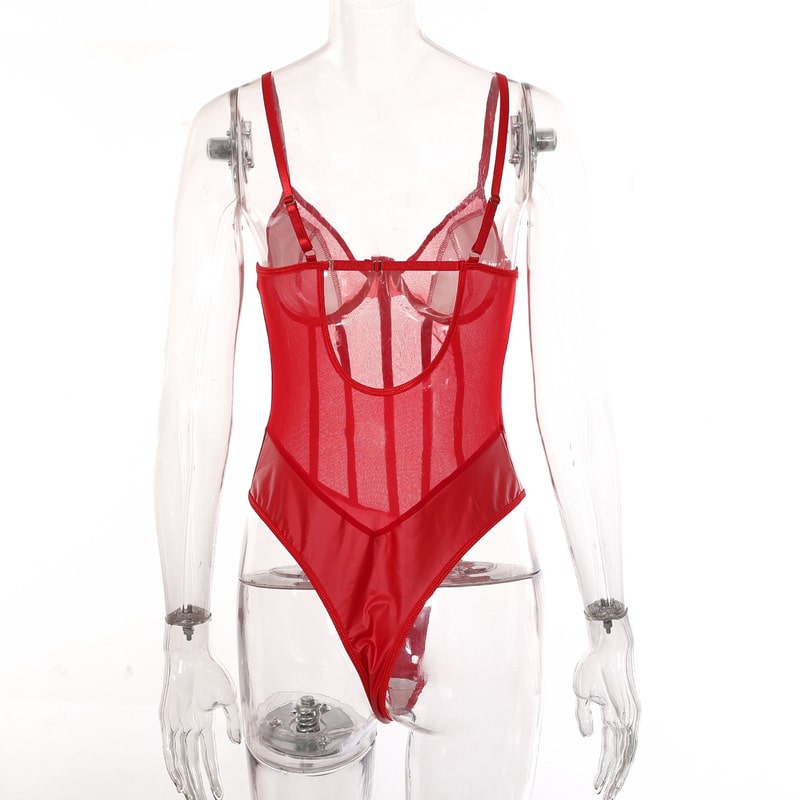 Red Perspective One-Piece Sheer Bodysuit Back View
