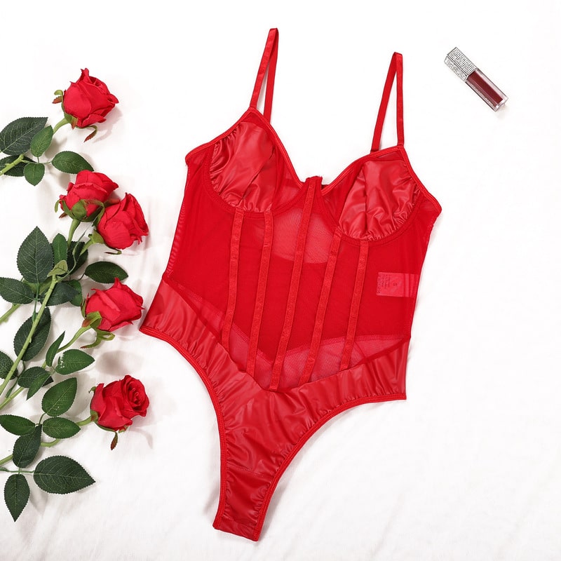 Red Perspective One-Piece Sheer Bodysuit Overview
