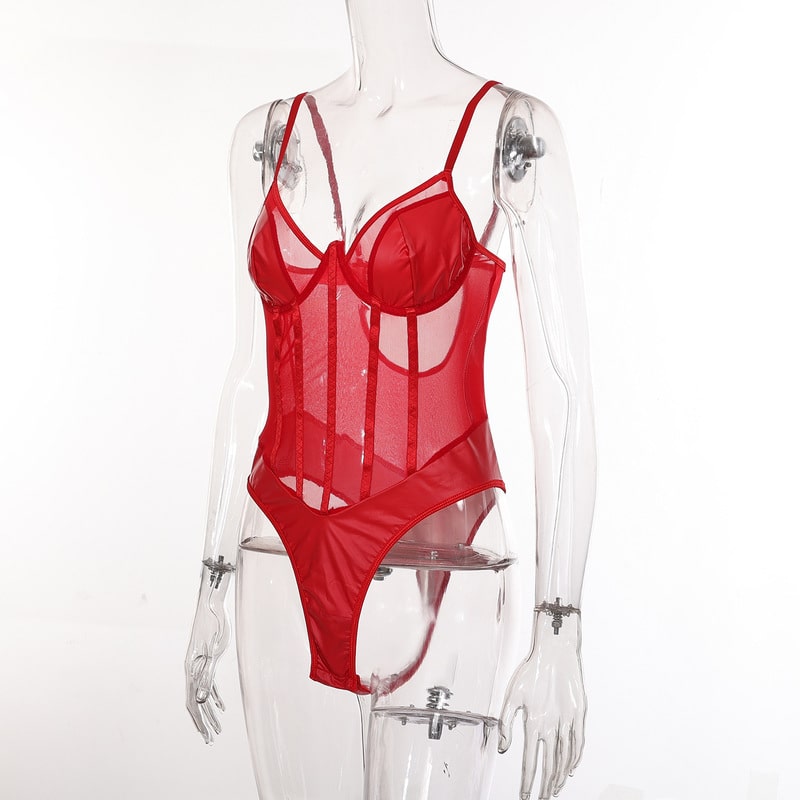 Red Perspective One-Piece Sheer Bodysuit Site View