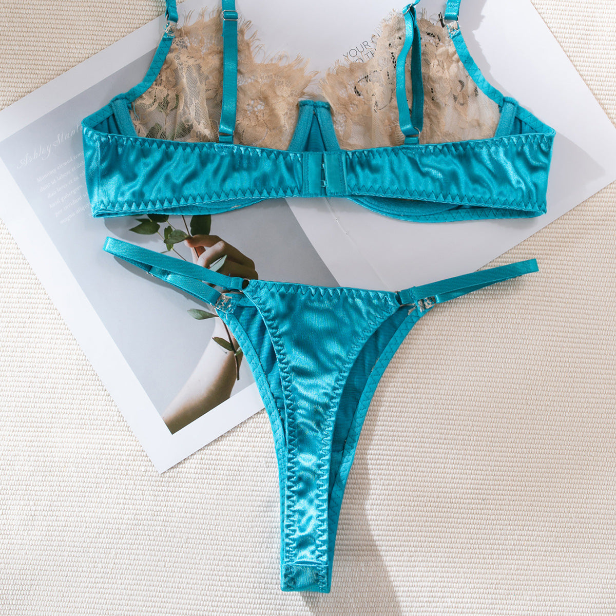 Wholesale Lace Bra and Underwear Set in Skin-Color and Light Blue-7