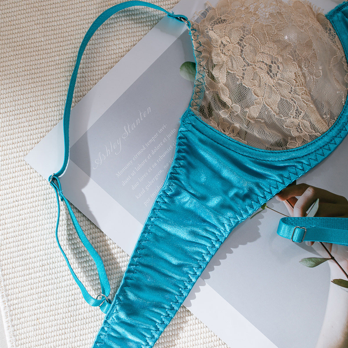 Wholesale Lace Bra and Underwear Set in Skin-Color and Light Blue-8