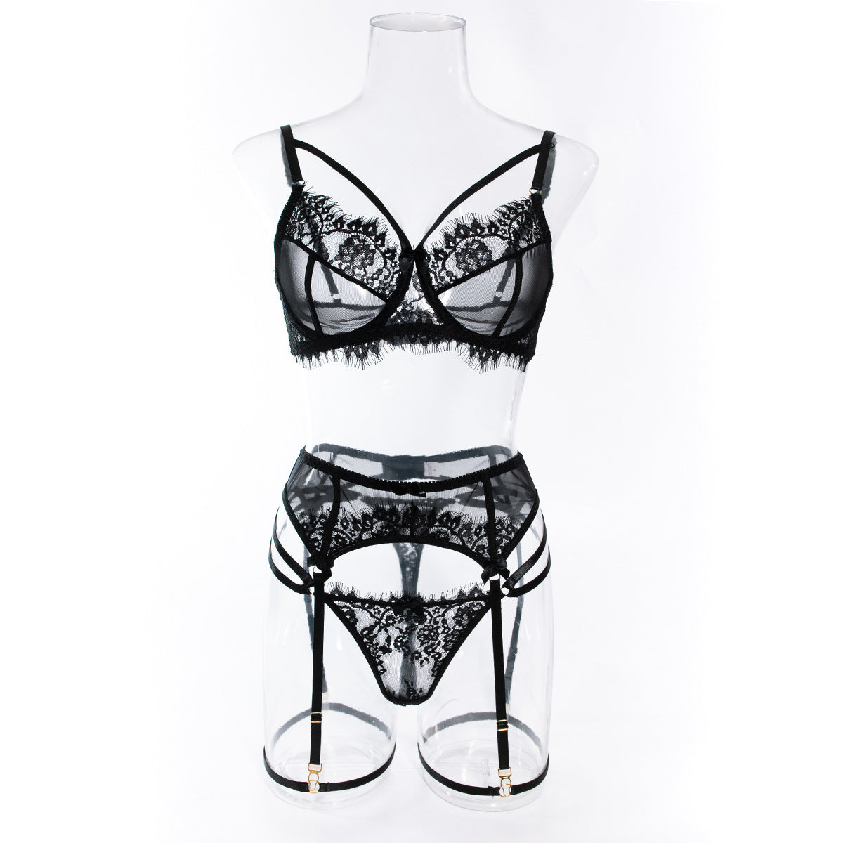 Wholesale Sexy Black Bra Panty Set with Floral Lace Garter-9