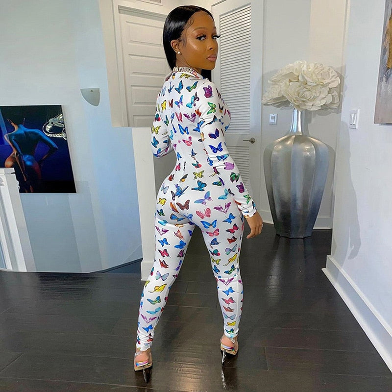 Fashion Women Zipper Jumpsuits Printed Butterfly Full Sleeve Sportsuit-1