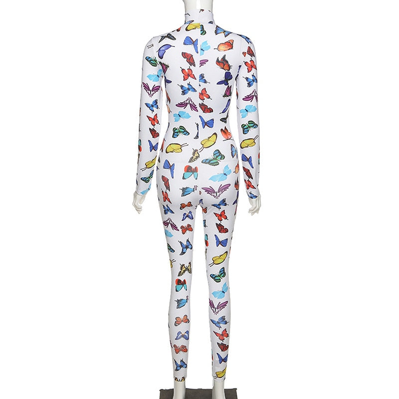 Fashion Women Zipper Jumpsuits Printed Butterfly Full Sleeve Sportsuit-3