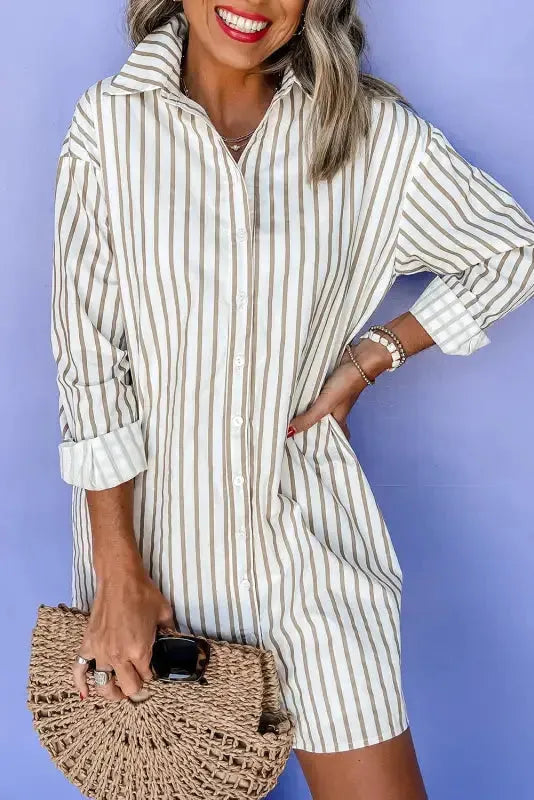 Striped Mini Shirt Dress-0